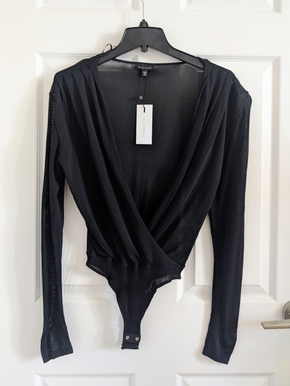 NWT Dynamite Jet Black Mock Neck Chic Wrap Sweater Bodysuit Long Sleeve XXS